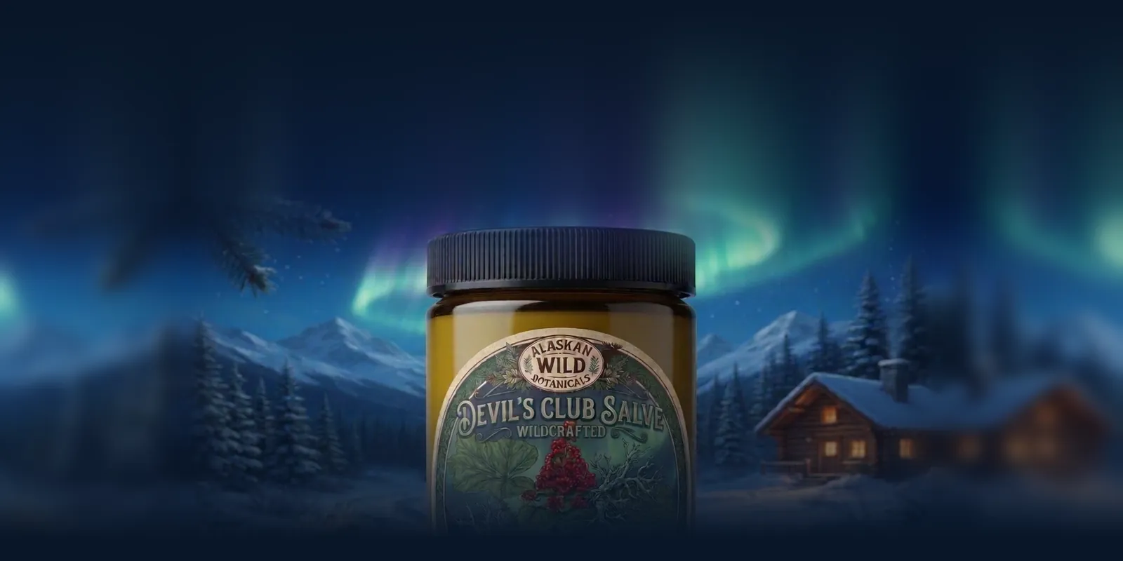 A jar of Devil's Club balm beneath the northern lights, with a snowy cabin and spruce forest behind it