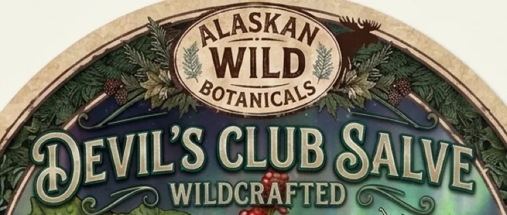 Top of the Alaskan Wild Botanicals label: Devil's Club Salve, Wildcrafted